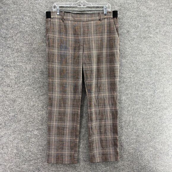 H&M Pants Women 14 Gray Plaid High Rise Flat Front Pull On Straight Chino Casual - Picture 1 of 10